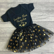 Load image into Gallery viewer, Sweeter Than Pumpkin Pie Black Romper with Matching Polka Dot Tutu Skirt
