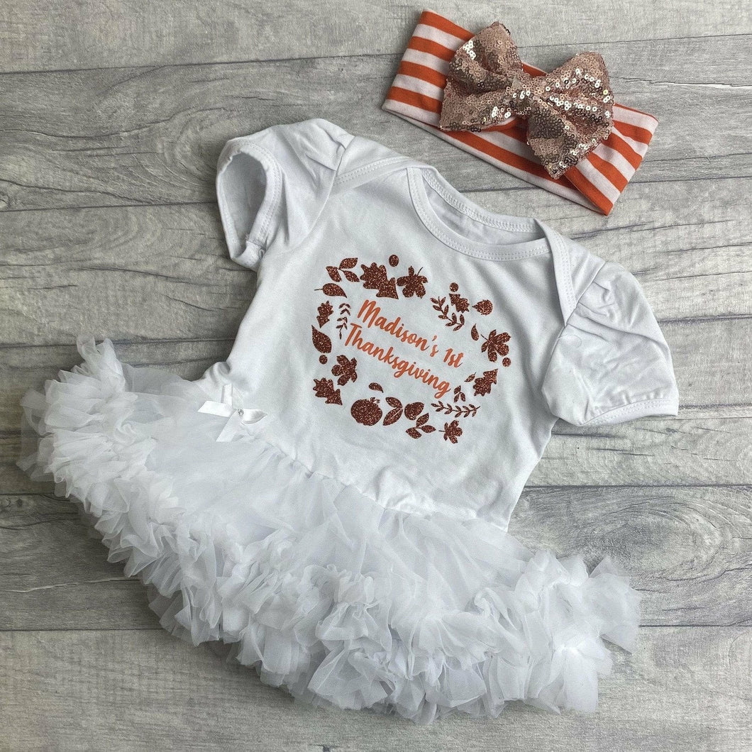Personalised First Thanksgiving Tutu Romper with a Matching Glitter Bow Headband