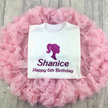 Load image into Gallery viewer, Personalised Barbie Birthday Outfit Set, White T-Shirt &amp; Boutique Tutu Skirt - Little Secrets Clothing
