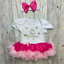 Load image into Gallery viewer, &#39;My First Christmas&#39; Baby Girl Tutu Romper With Matching Bow Headband, Gold Glitter Text
