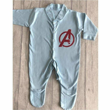 Load image into Gallery viewer, Baby’s Superhero Avengers logo blue sleep suit
