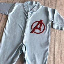Load image into Gallery viewer, Baby’s Superhero Avengers logo blue sleep suit
