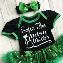 Load image into Gallery viewer, Personalised Irish Princess black &amp; green sequin tutu romper with matching headband, St Patrick
