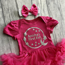 Load image into Gallery viewer, Personalised First Eid baby girl tutu romper, Silver Moon and Stars design
