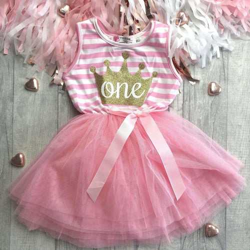  1st First Birthday Crown One Girls Light Pink Stripe Summer Party Dress with Bow