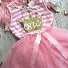 Load image into Gallery viewer, 1st First Birthday Crown One Girls Light Pink Stripe Summer Party Dress with Bow
