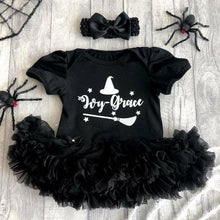 Load image into Gallery viewer, Witch Hat And Broom Baby Girl Personalised Tutu Romper With Matching Bow Headband, Halloween 
