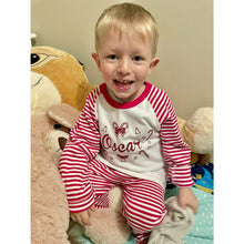 Load image into Gallery viewer, Personalised Red &amp; White Stripe Candy Cane Children&#39;s Christmas Pyjamas, Red Glitter Design, Boys &amp; Girls
