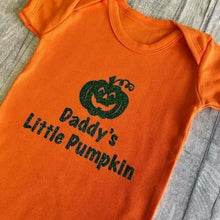 Load image into Gallery viewer, Personalised Daddy&#39;s Little Pumpkin orange baby Halloween romper outfit
