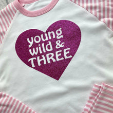 Load image into Gallery viewer, Young Wild &amp; Three heart Birthday Girls Pink and White Pyjamas
