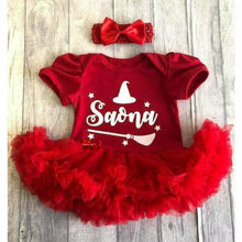 Load image into Gallery viewer, Witch Hat And Broom Baby Girl Personalised Tutu Romper With Matching Bow Headband, Halloween 

