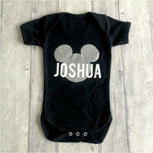 Load image into Gallery viewer, Black Mickey Mouse Personalised Baby Disney Romper, follow us on Instagram, high quality clothing at affordable prices

