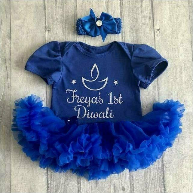 Personalised '1st Diwali' Baby Girl Tutu Romper With Matching Bow Headband