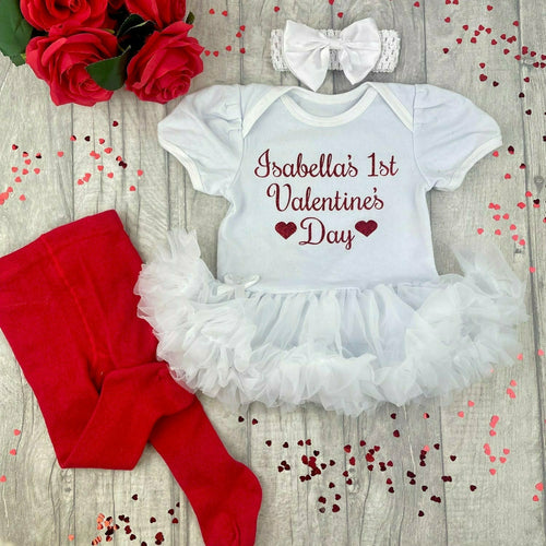 Personalised 1st Valentine's Day Baby Girl White Tutu Romper With Matching Bow Headband, Red Tights - Little Secrets Clothing