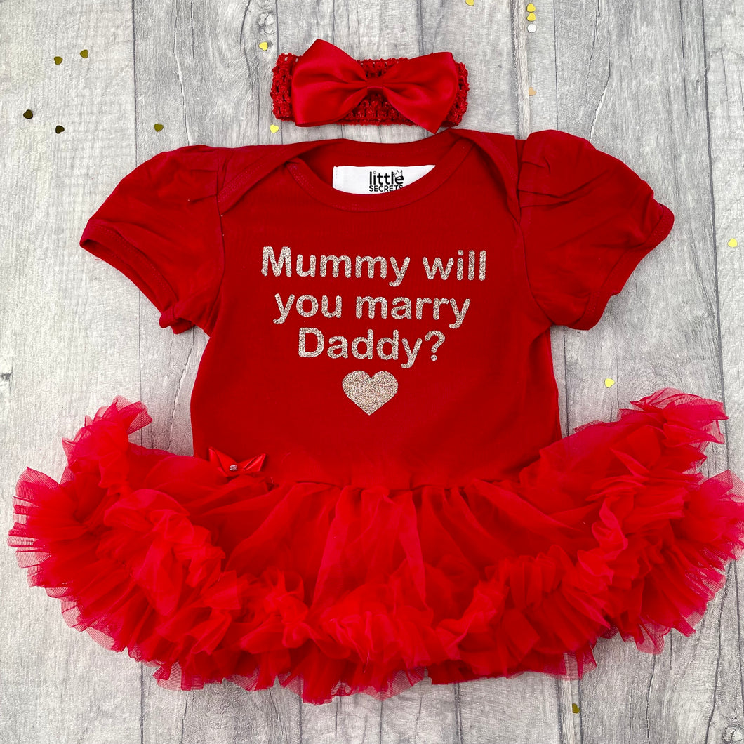 Mummy Will You Marry Daddy? Baby Girl Tutu Romper With Matching Bow Headband, Wedding, Engagement - Little Secrets Clothing