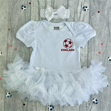 Load image into Gallery viewer, England, The Three Lions, Football Personalised Tutu Romper, featuring red football England, Including Matching white headband.
