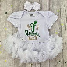 Load image into Gallery viewer, My 1st St Patrick&#39;s Day Baby Girl White Tutu Romper with Matching Bow Headband - Little Secrets Clothing
