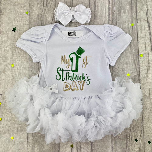My 1st St Patrick's Day Baby Girl White Tutu Romper with Matching Bow Headband - Little Secrets Clothing