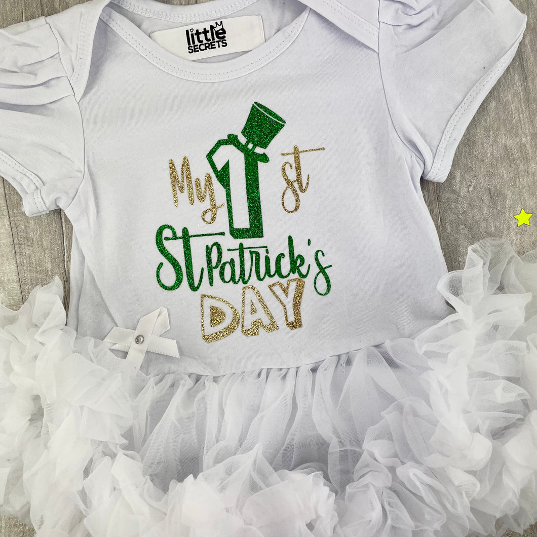 My 1st St Patrick's Day Baby Girl White Tutu Romper with Matching Bow Headband - Little Secrets Clothing