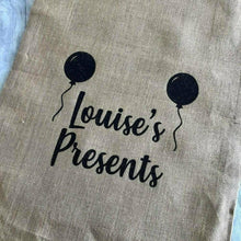 Load image into Gallery viewer, Personalised presents birthday balloons gift sack Personalised Hessian Sack
