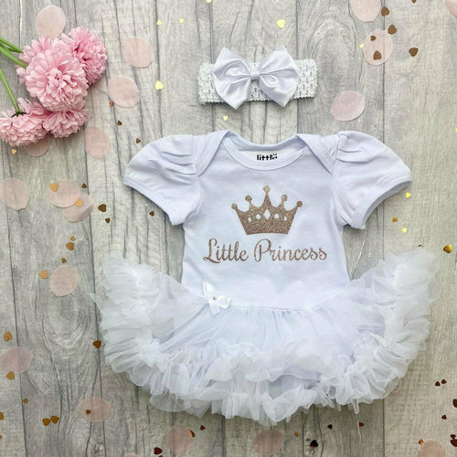 'Little Princess' Baby Girl Tutu Romper With Matching Bow Headband, Rose Gold Glitter