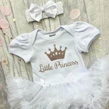 Load image into Gallery viewer, &#39;Little Princess&#39; Baby Girl Tutu Romper With Matching Bow Headband, Rose Gold Glitter
