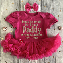 Load image into Gallery viewer, I May Be Small But I Have Daddy Wrapped Around My Finger Baby Girl Tutu Romper With Matching Bow Headband
