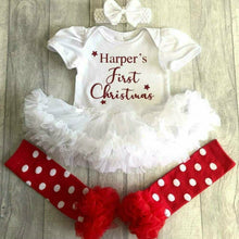 Load image into Gallery viewer, Personalised &#39;First Christmas&#39; Baby Girl Tutu Romper With Matching Bow Headband And Matching Red Leg Warmers
