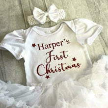 Load image into Gallery viewer, Personalised &#39;First Christmas&#39; Baby Girl Tutu Romper With Matching Bow Headband And Matching Red Leg Warmers
