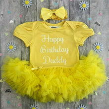 Load image into Gallery viewer, &#39;Happy Birthday Daddy&#39; Baby Girl Tutu Romper With Matching Bow Headband, White Glitter
