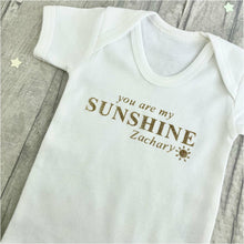 Load image into Gallery viewer, Products &#39;You Are My Sunshine&#39; Personalised Baby Boys Short Sleeve Romper With Gold Glitter Sun Design
