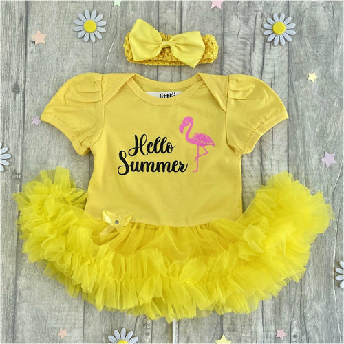 'Hello Summer' Baby Girl Yellow Tutu Romper With Matching Bow Headband, Flamingo Design Summer Dress