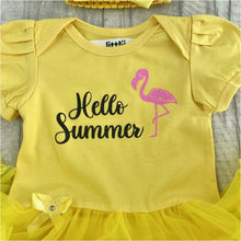Load image into Gallery viewer, &#39;Hello Summer&#39; Baby Girl Yellow Tutu Romper With Matching Bow Headband, Flamingo Design Summer Dress
