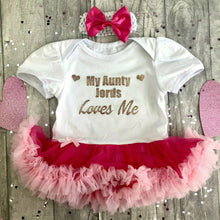 Load image into Gallery viewer, Personalised &#39;My Aunty *name*  Loves Me&#39; Baby Girl Tutu Romper With Matching Bow Headband

