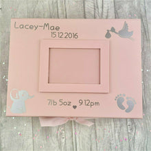 Load image into Gallery viewer, Products Personalised Newborn Keepsake Photo Box, Baby Details, Stork and Elephant Design A4 Size
