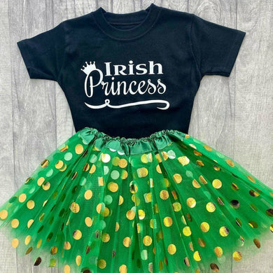 'Irish Princess' Green And Black T-Shirt And Polka Dot Tutu Skirt, St Patricks Day Outfit