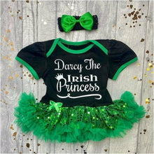 Load image into Gallery viewer, Personalised &#39;Irish Princess&#39; Sequin Tutu Romper With Matching Bow Headband, St Patrick

