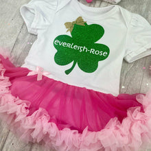 Load image into Gallery viewer, Personalised &#39;Shamrock&#39; St Patrick&#39;s Day Tutu Romper With Matching Bow Headband
