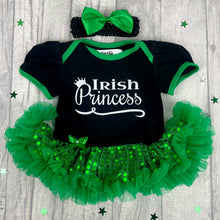 Load image into Gallery viewer, &#39;Irish Princess&#39; Green And Black Sequin Tutu Romper With Matching Bow Headband, St Patricks Day Outfit

