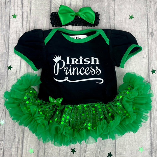 'Irish Princess' Green And Black Sequin Tutu Romper With Matching Bow Headband, St Patricks Day Outfit