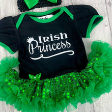 Load image into Gallery viewer, &#39;Irish Princess&#39; Green And Black Sequin Tutu Romper With Matching Bow Headband, St Patricks Day Outfit
