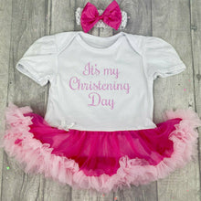 Load image into Gallery viewer, &#39;It&#39;s My Christening Day&#39; Baby Girl, Tutu Romper With Matching Bow Headband
