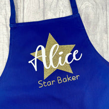 Load image into Gallery viewer, Adult Personalised Star Baker Apron. Gold star baker design with white personalised lettering, blue apron
