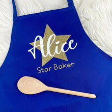 Load image into Gallery viewer, Adult Personalised Star Baker Apron. Gold star baker design with white personalised lettering, blue apron
