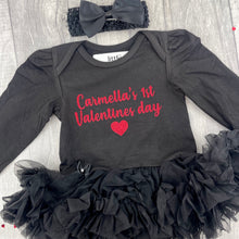 Load image into Gallery viewer, Newborn Baby Girl 1st Valentine&#39;s Day Tutu Dress, Black Long Sleeve Tutu Romper Dress
