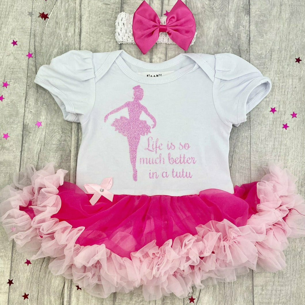 'Life Is So Much Better In A Tutu' Baby Girl Ballet Tutu Romper With Matching Bow Headband