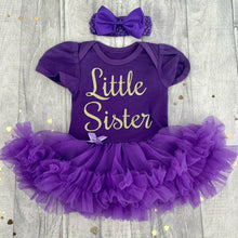 Load image into Gallery viewer, &#39;Little Sister&#39; Baby Girl Tutu Romper With Matching Bow Headband
