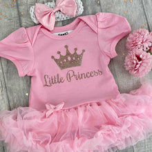 Load image into Gallery viewer, Little Princess Baby Girl Tutu Romper With Matching Bow Headband, Rose Gold Glitter

