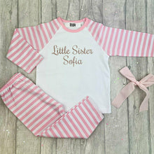 Load image into Gallery viewer, &#39;Little Sister&#39; Personalised Name Pink and White Stripe Girls Pyjamas
