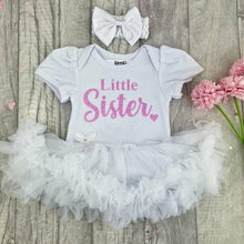 Load image into Gallery viewer, Big Sister / Little Sister Baby Girls White Tutu Romper with Matching Bow Headband
